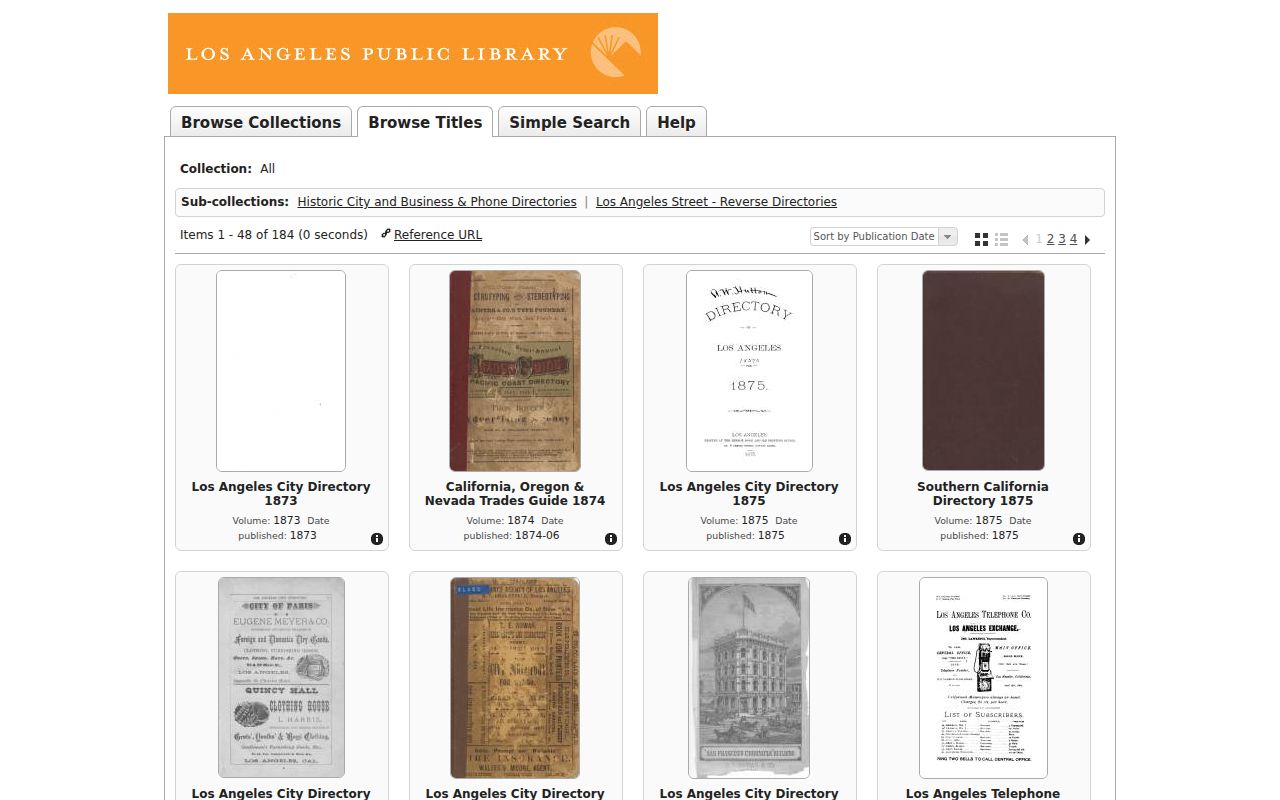 Los Angeles County people directories screenshot of LAPL historical directory collections