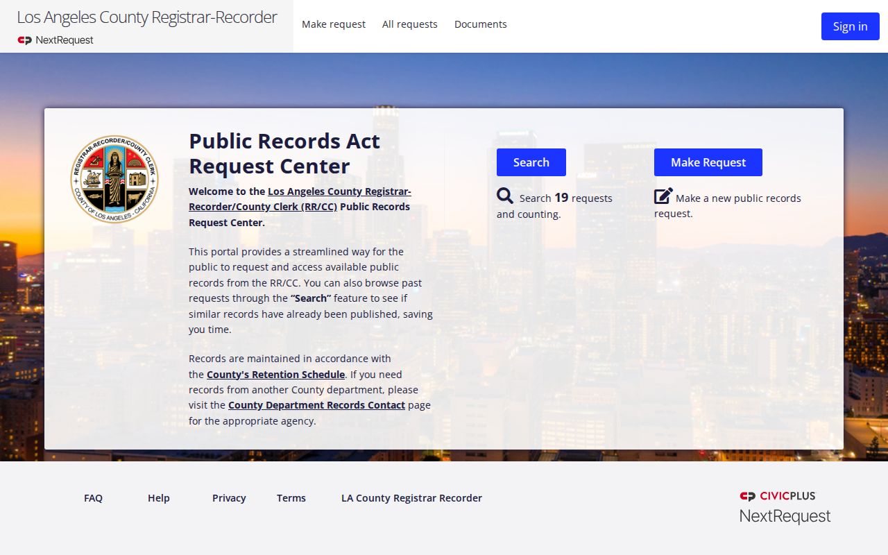 Los Angeles County open records request center for Registrar-Recorder County Clerk records