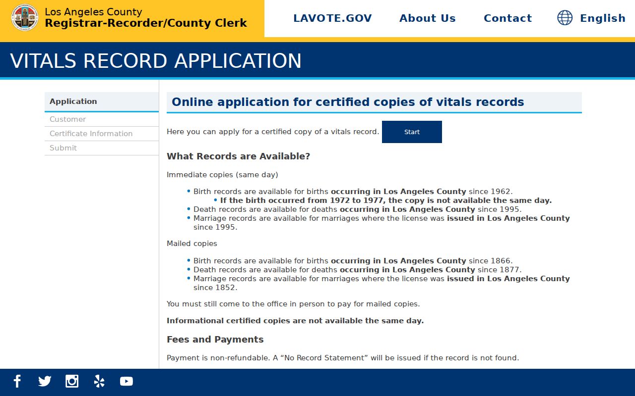 Los Angeles County open records application for birth death and marriage certificates
