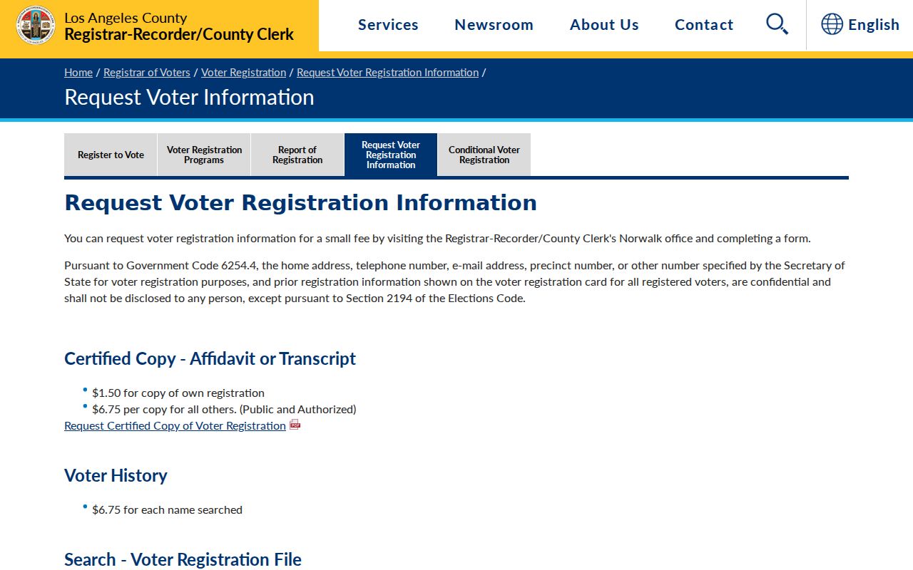 Los Angeles County voter records request instructions and fees