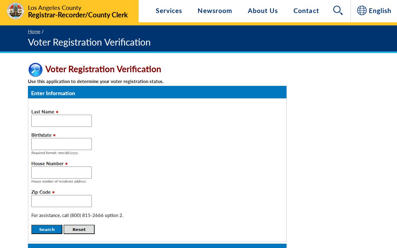 Los Angeles County voter records lookup form with required verification fields